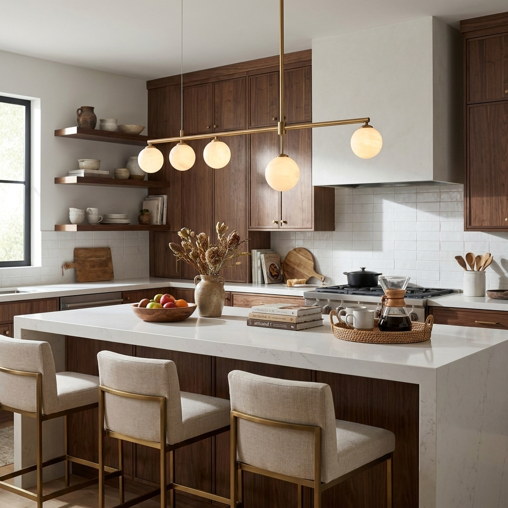 Seesaw five-globe chandelier hanging above a kitchen island