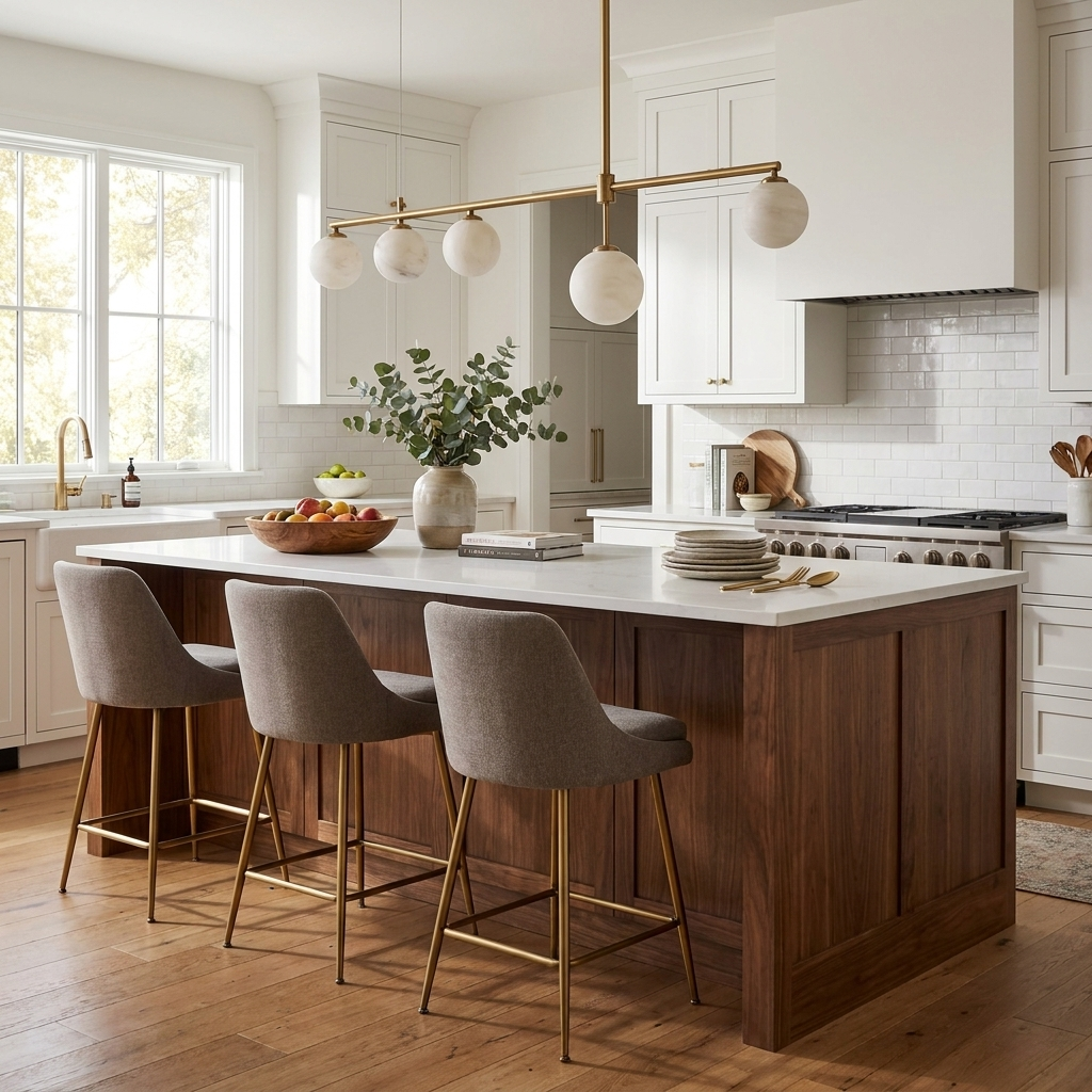 Seesaw linear chandelier in a bright kitchen with a dining island