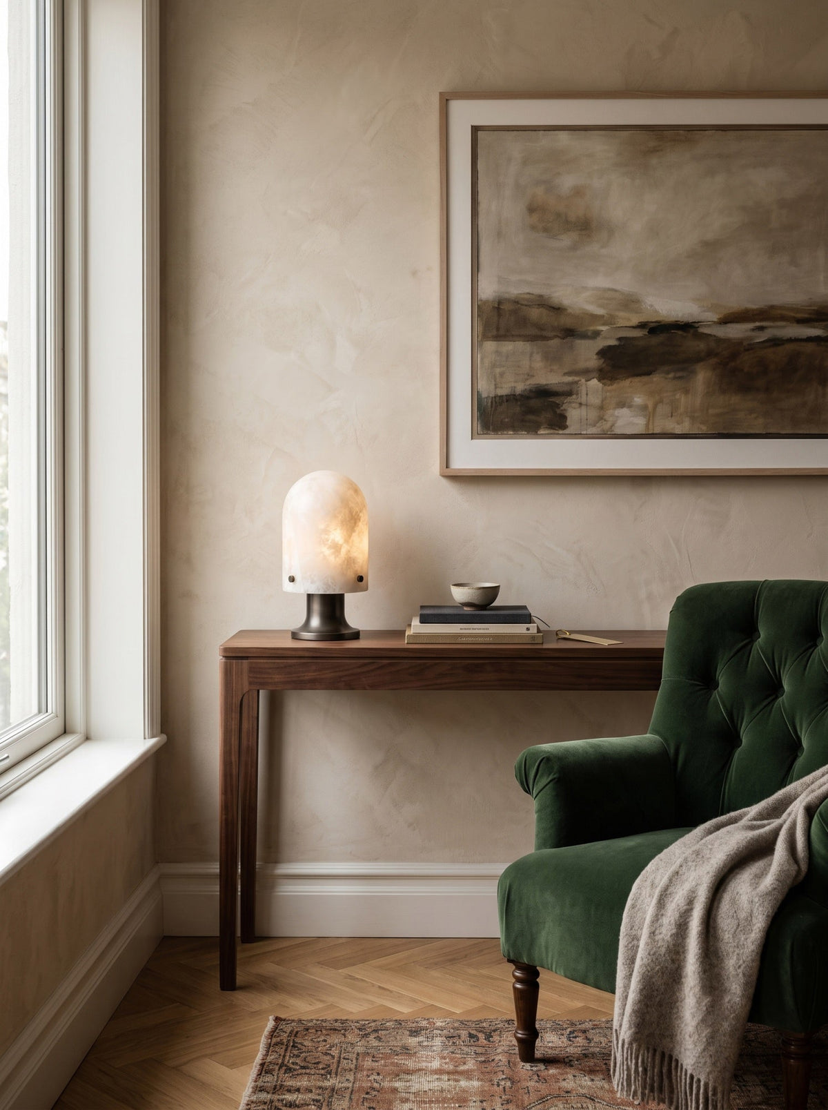 Seine Alabaster Table Lamp — additional product view, a stone dome above a slim brass base (view 3)