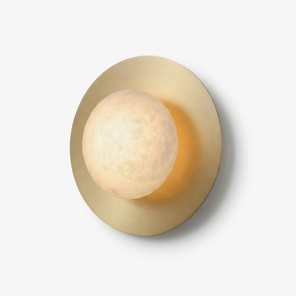 Selene Alabaster Moon Wall Sconce — full fixture profile, an off-center stone sphere on a wall-mounted frame (view 1)
