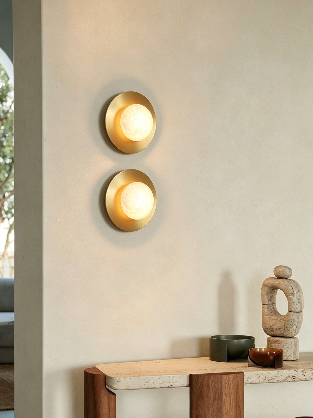 Selene Alabaster Moon Wall Sconce — additional product view, an off-center stone sphere on a wall-mounted frame (view 3)