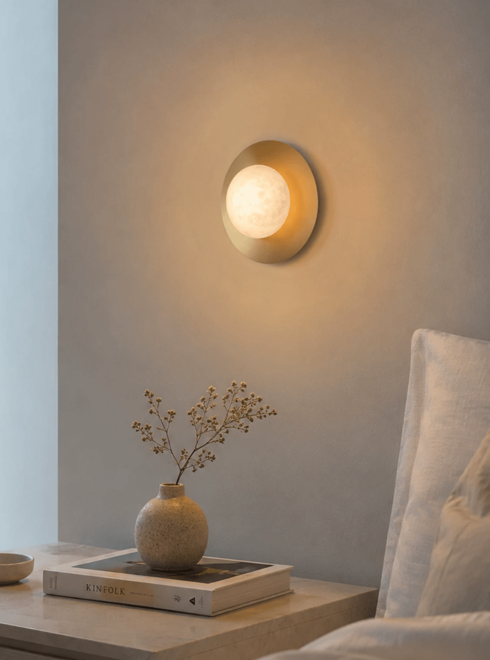 Selene Alabaster Moon Wall Sconce — additional product view, an off-center stone sphere on a wall-mounted frame (view 4)
