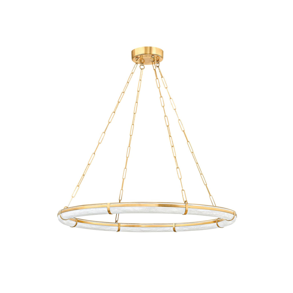 Sennett Alabaster Chandelier — full fixture profile, a broad ring-shaped stone diffuser with brass framework (view 1)