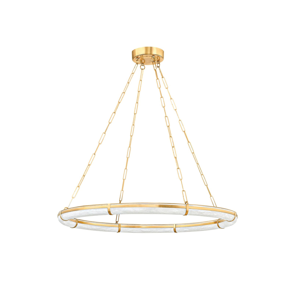 Sennett Alabaster Chandelier — full fixture profile, a broad ring-shaped stone diffuser with brass framework (view 1)