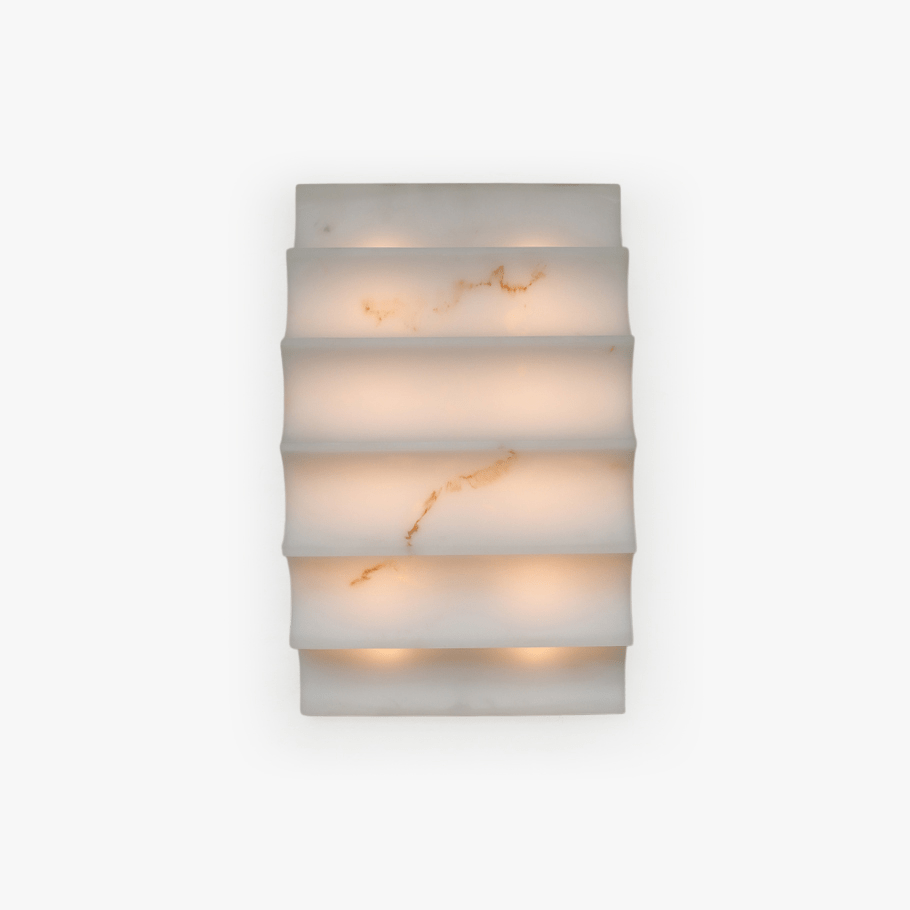 Serra Tiered Alabaster Sconce — full fixture profile, stone panels layered in gently curved tiers (view 1)
