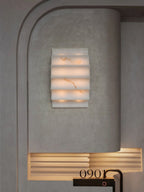 Serra Tiered Alabaster Sconce — product setting and fixture profile, stone panels layered in gently curved tiers (view 2)