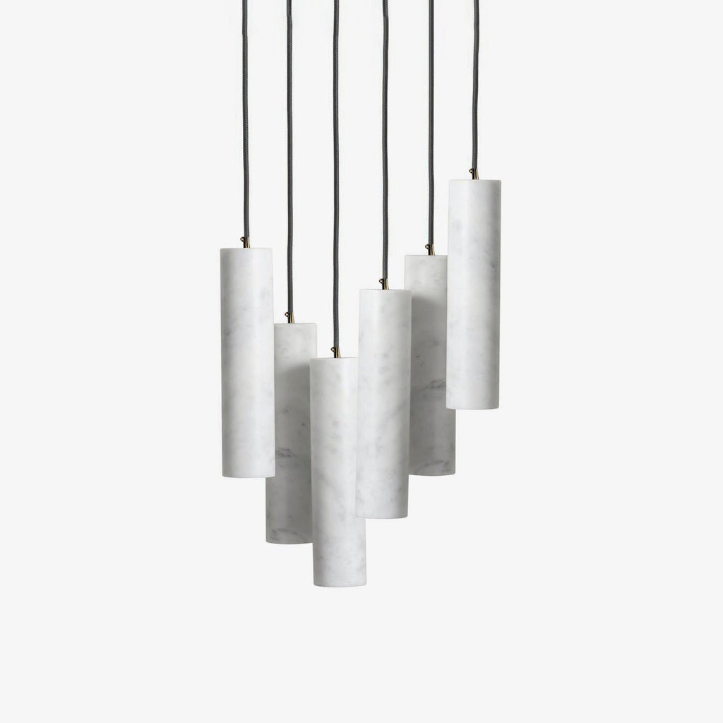 Silo Alabaster Pendant Light — full fixture profile, cylindrical stone shades suspended at different levels (view 1)