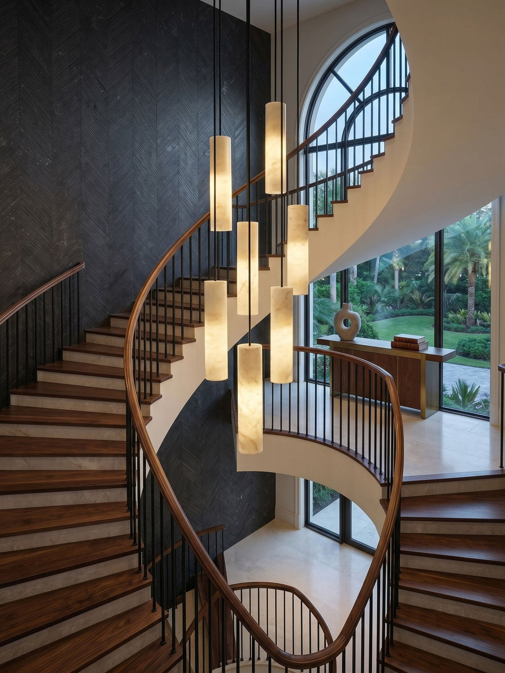 Silo Alabaster Pendant Light — additional product view, cylindrical stone shades suspended at different levels (view 3)