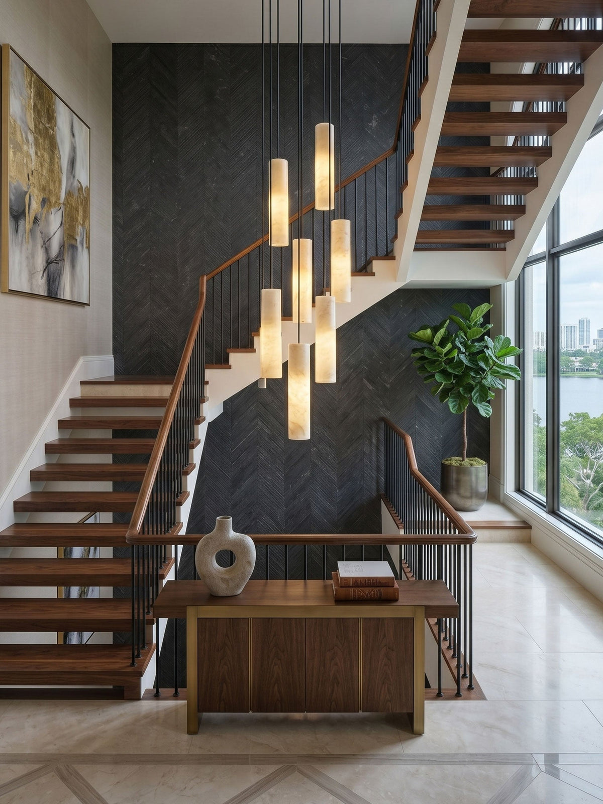 Silo Alabaster Pendant Light — additional product view, cylindrical stone shades suspended at different levels (view 4)