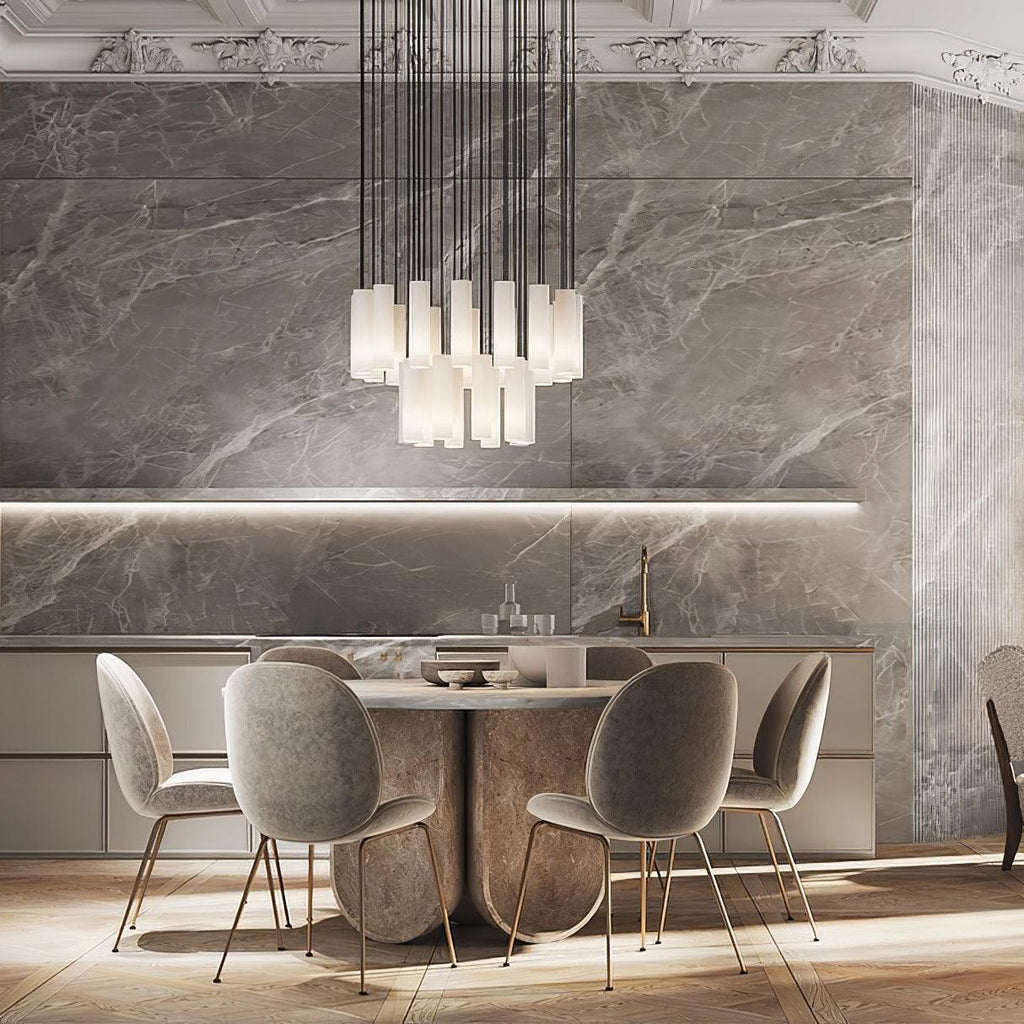 Silo Alabaster Pendant Light — additional product view, cylindrical stone shades suspended at different levels (view 5)