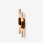 Sleeve Alabaster Wall Sconce — full fixture profile, slender stone columns cinched by central metal sleeves (view 1)