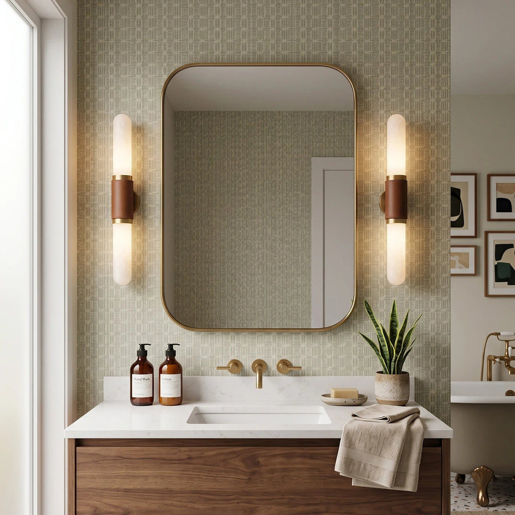 Sleeve Alabaster Wall Sconce — product setting and fixture profile, slender stone columns cinched by central metal sleeves (view 2)