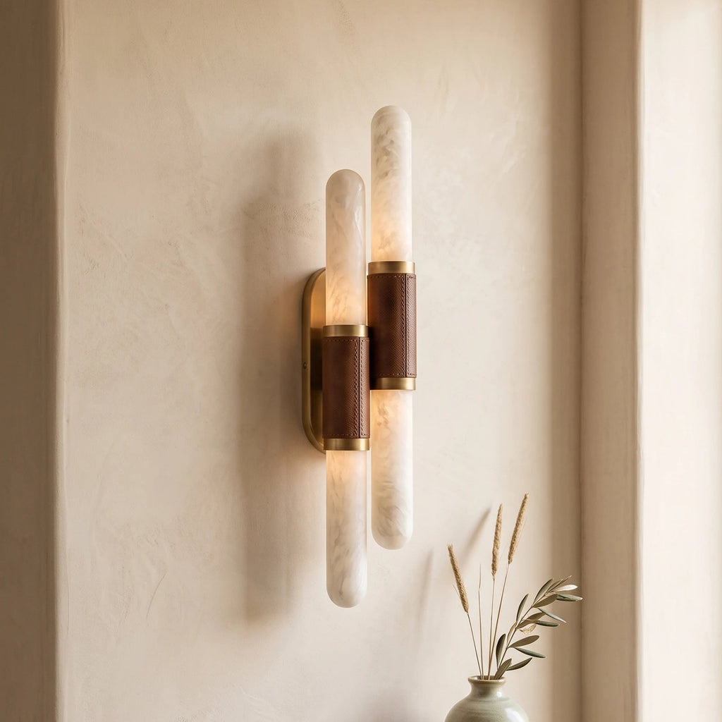 Sleeve Alabaster Wall Sconce — additional product view, slender stone columns cinched by central metal sleeves (view 3)