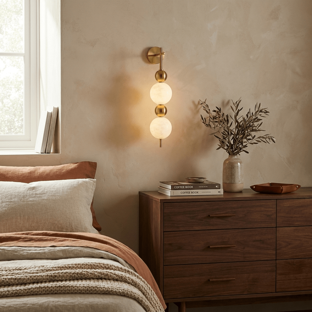 Solenne Alabaster Beaded Wall Sconce — product setting and fixture profile, stone spheres interspersed with rounded metal beads (view 2)