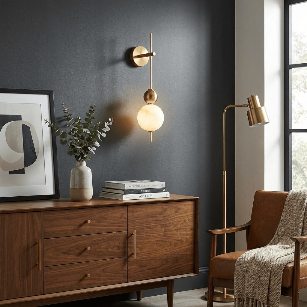 Solenne Alabaster Beaded Wall Sconce — additional product view, stone spheres interspersed with rounded metal beads (view 4)