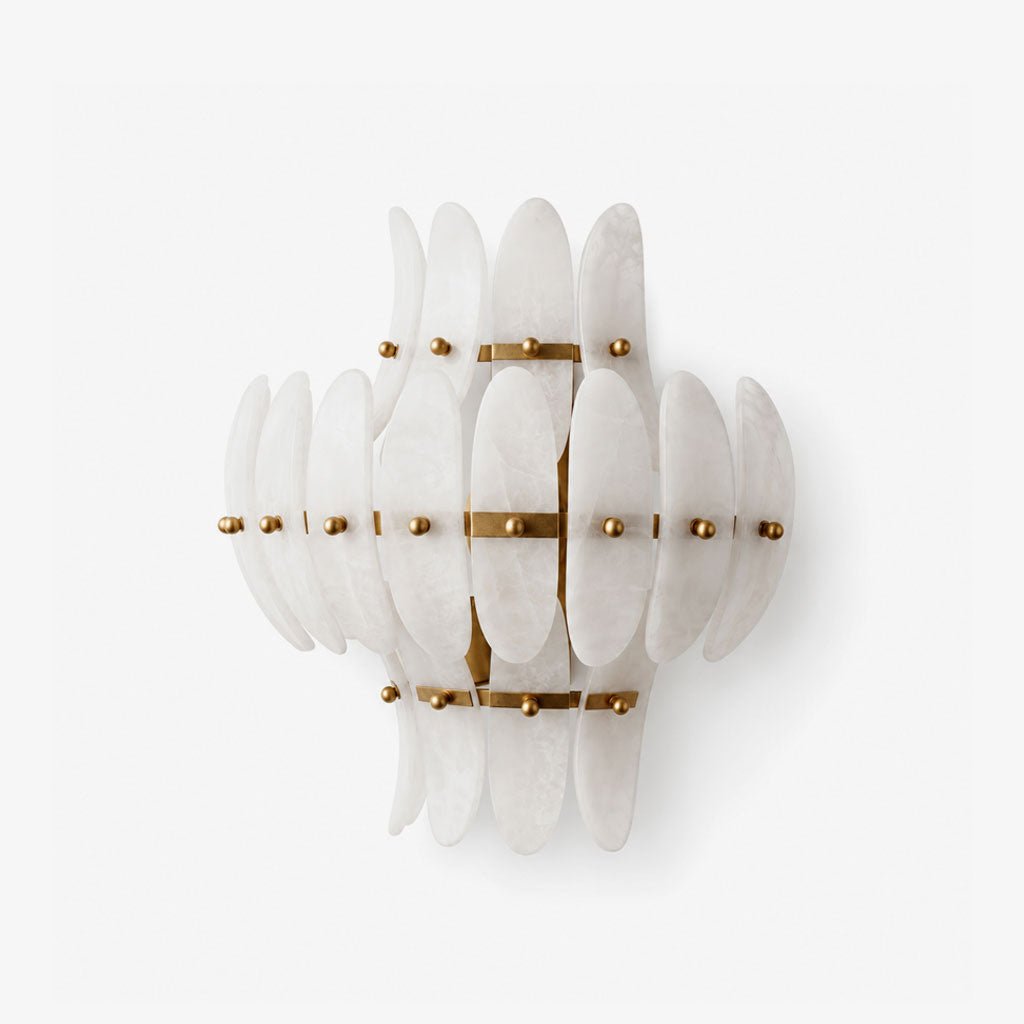 Solenne Alabaster Petal Wall Sconce — full fixture profile, overlapping elongated stone panels on a structured frame (view 1)