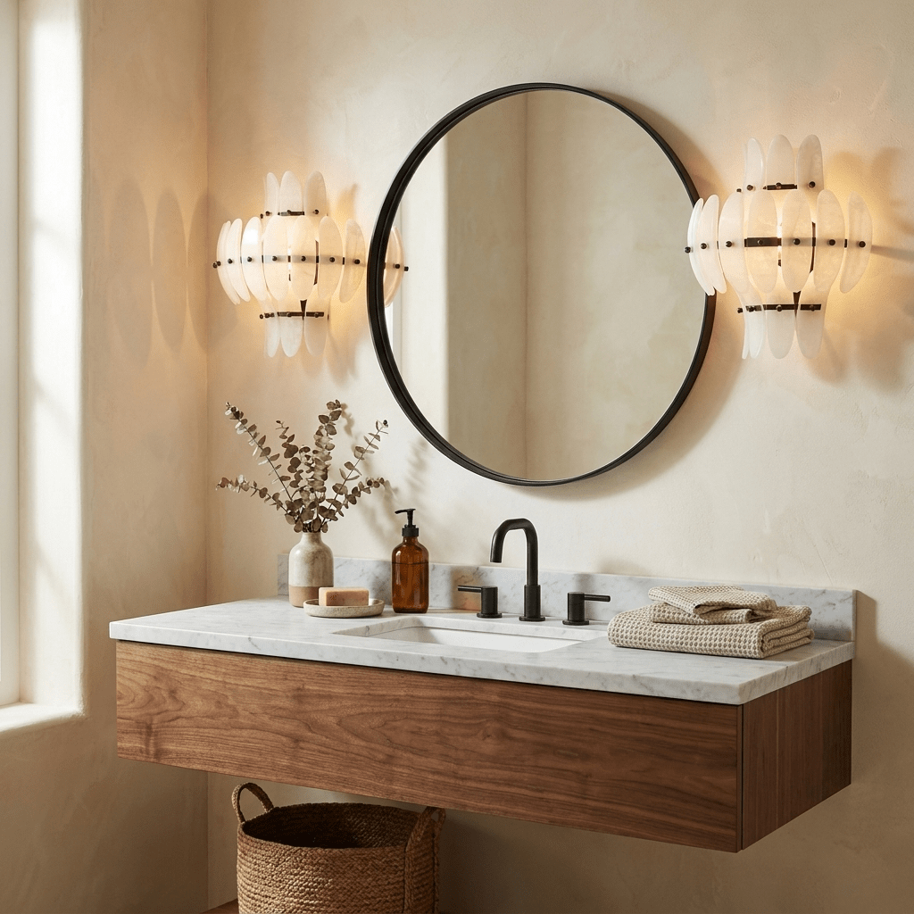 Solenne Alabaster Petal Wall Sconce — product setting and fixture profile, overlapping elongated stone panels on a structured frame (view 2)
