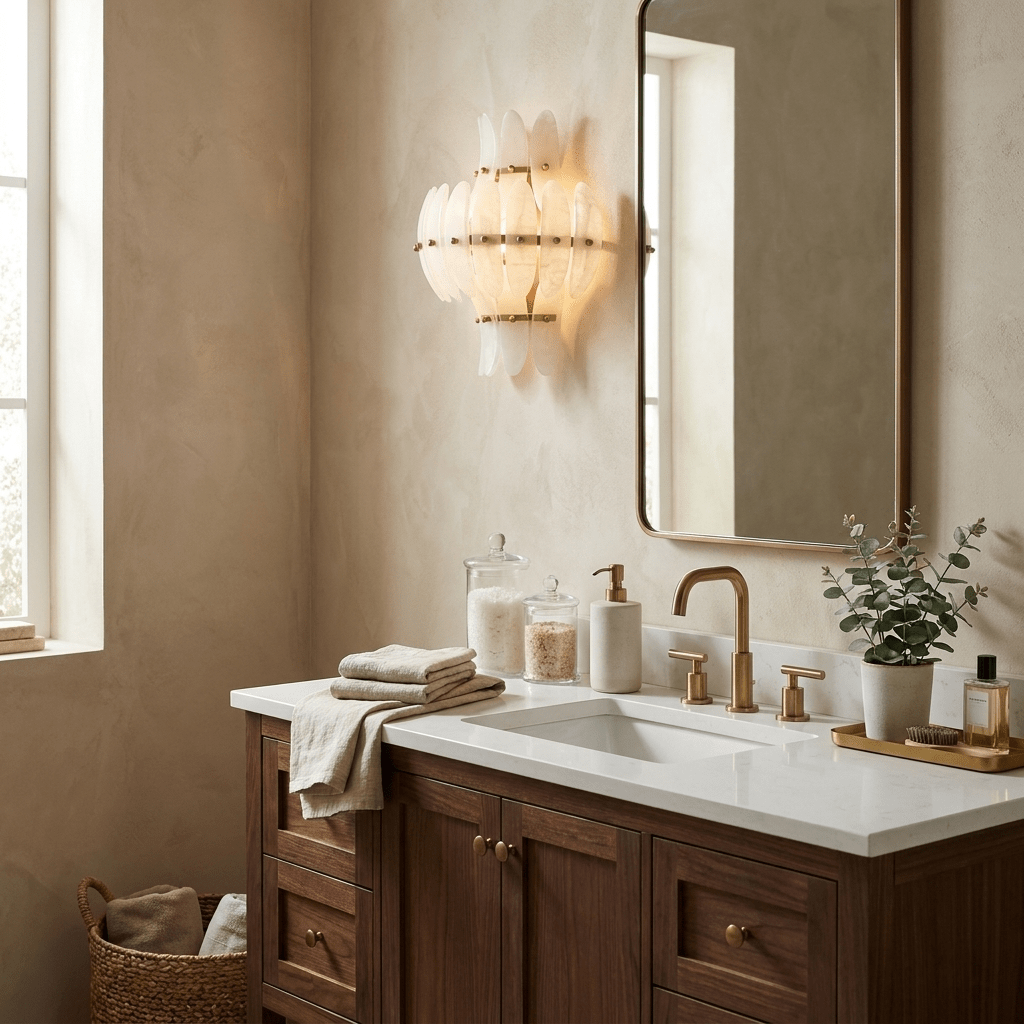 Solenne Alabaster Petal Wall Sconce — additional product view, overlapping elongated stone panels on a structured frame (view 3)