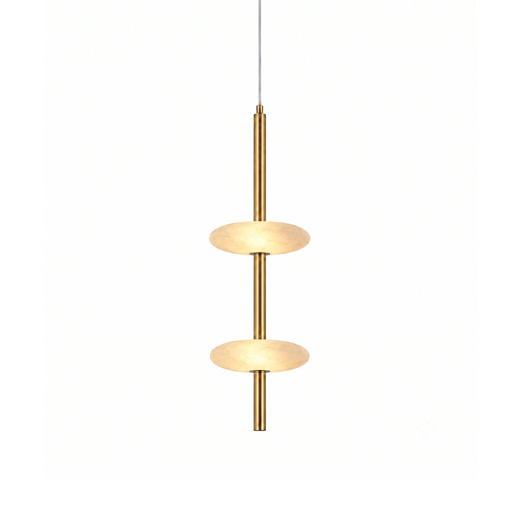 Solevane Alabaster Pendant Lamp — full fixture profile, two stone shades along a slender brass pendant body (view 1)