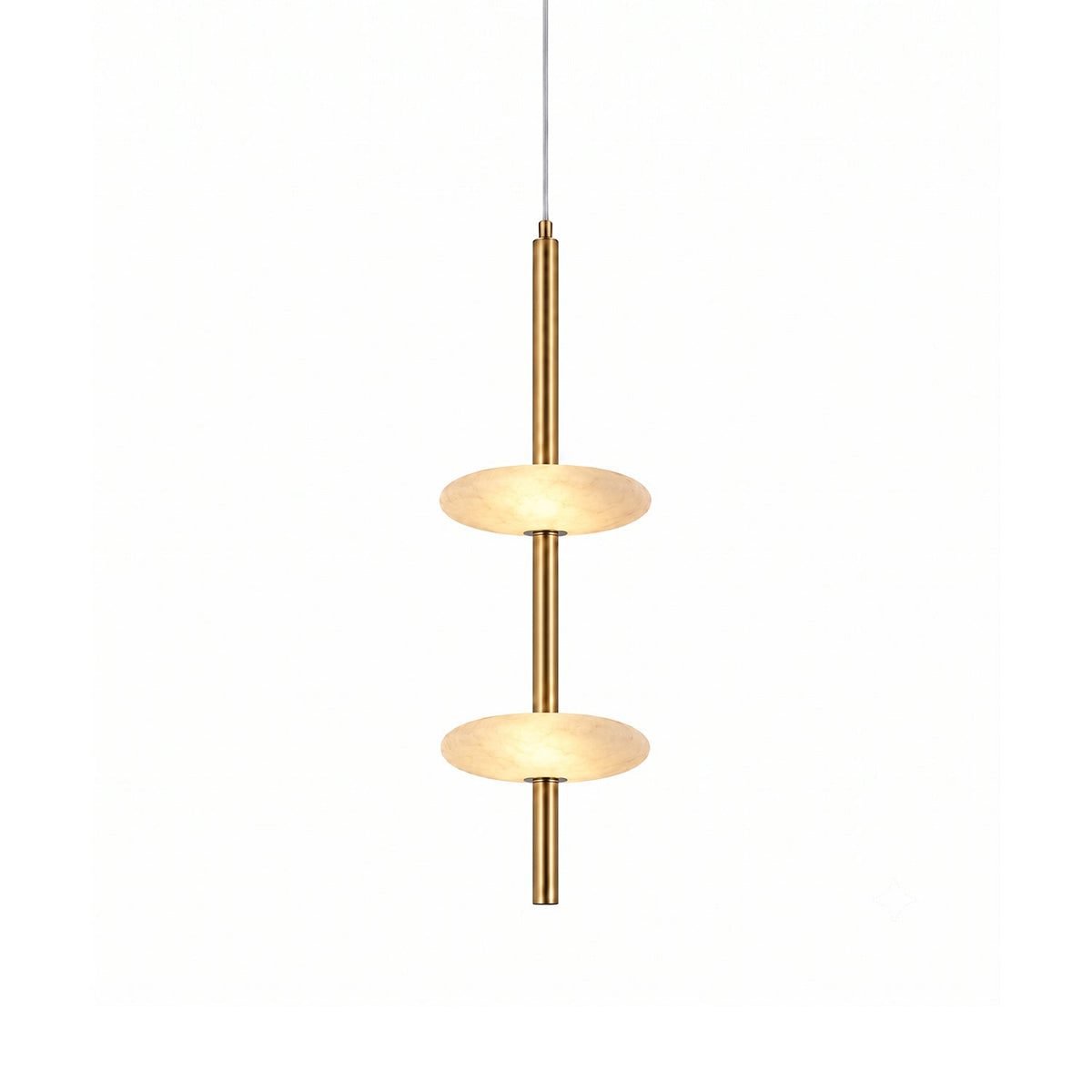 Solevane Alabaster Pendant Lamp — full fixture profile, two stone shades along a slender brass pendant body (view 1)
