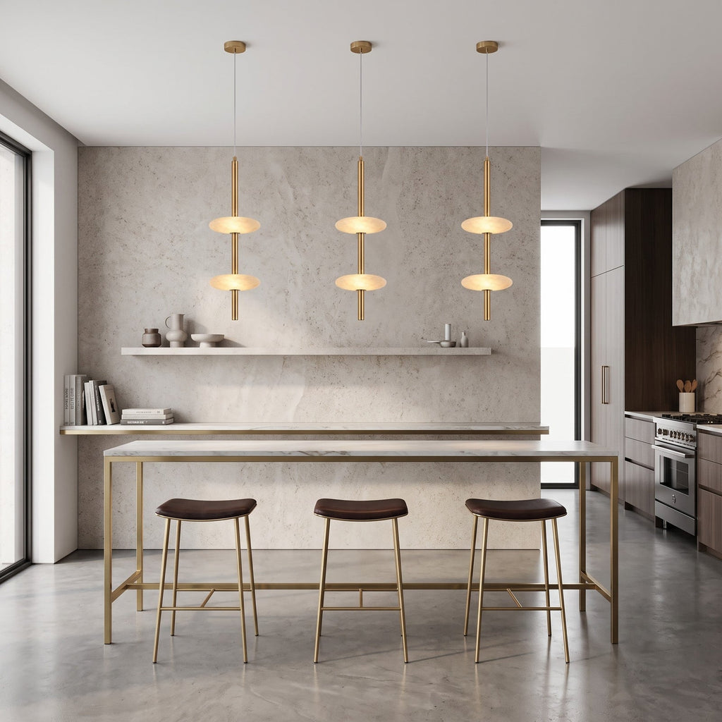 Solevane Alabaster Pendant Lamp — product setting and fixture profile, two stone shades along a slender brass pendant body (view 2)