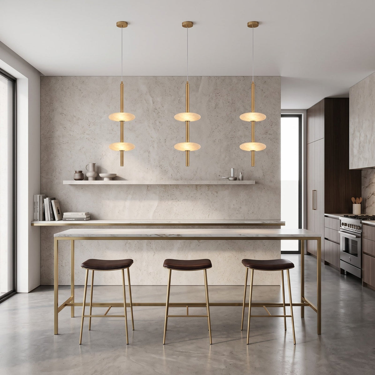 Solevane Alabaster Pendant Lamp — product setting and fixture profile, two stone shades along a slender brass pendant body (view 2)