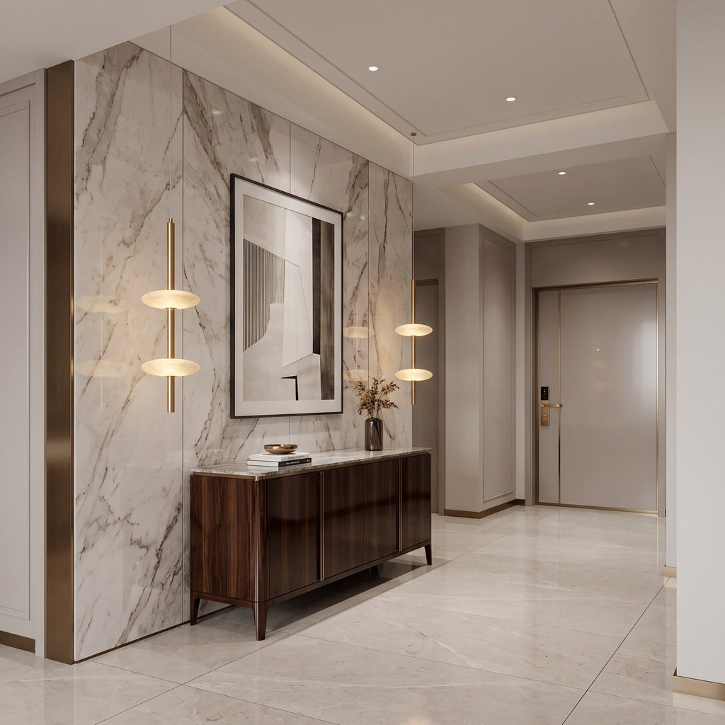 Solevane Alabaster Pendant Lamp — additional product view, two stone shades along a slender brass pendant body (view 3)