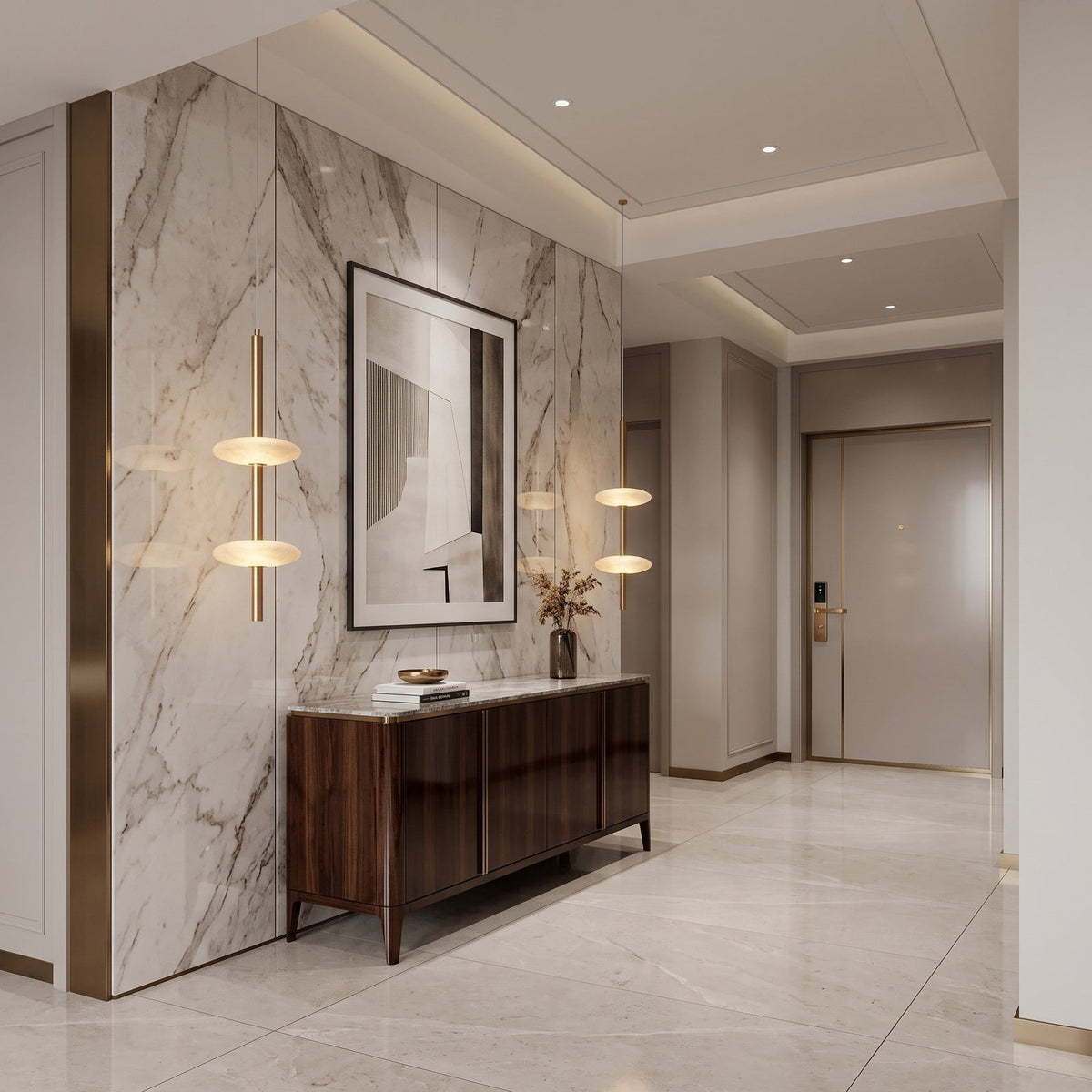 Solevane Alabaster Pendant Lamp — additional product view, two stone shades along a slender brass pendant body (view 3)
