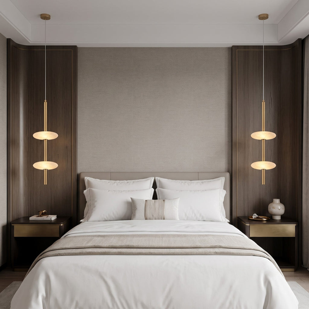 Solevane Alabaster Pendant Lamp — additional product view, two stone shades along a slender brass pendant body (view 4)