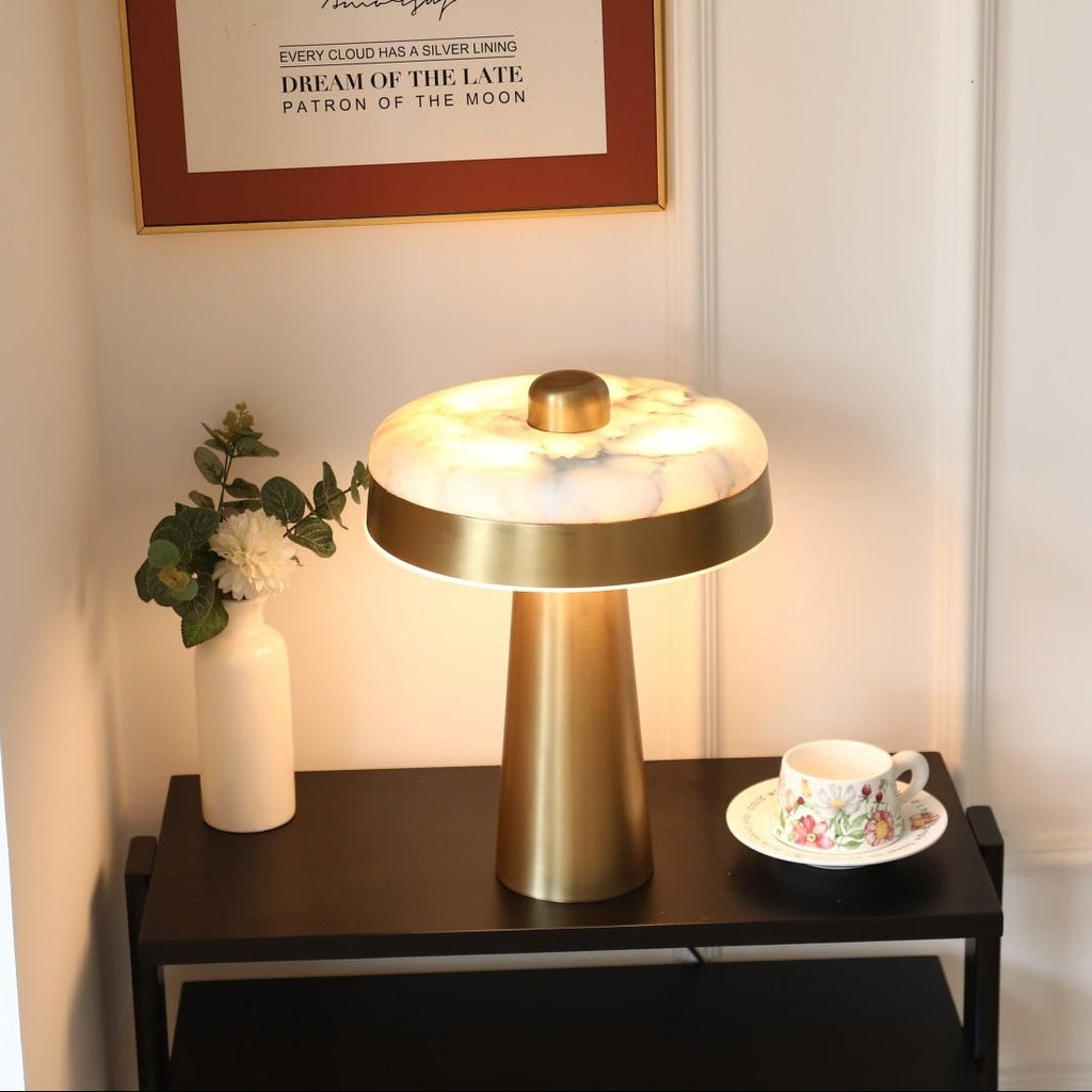 Solis Alabaster Disc Table Lamp — additional product view, a flat stone disc above a tapered metal column (view 3)