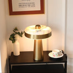 Solis Alabaster Disc Table Lamp — additional product view, a flat stone disc above a tapered metal column (view 3)
