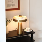 Solis Alabaster Disc Table Lamp — additional product view, a flat stone disc above a tapered metal column (view 4)