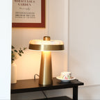 Solis Alabaster Disc Table Lamp — additional product view, a flat stone disc above a tapered metal column (view 5)