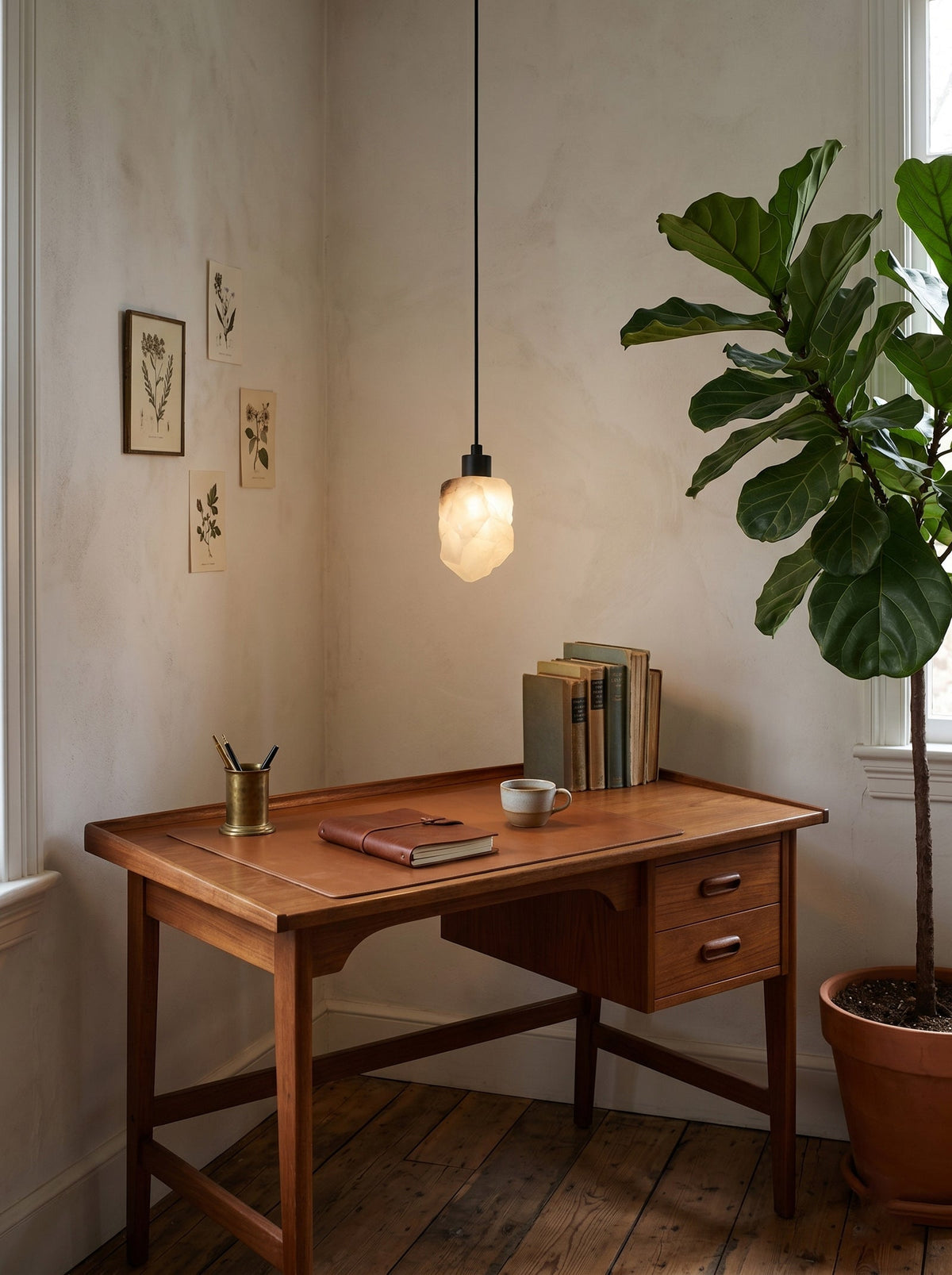 Solstice Nugget Alabaster Pendant Lamp — product setting and fixture profile, a rough-textured stone shade suspended as a small pendant (view 2)