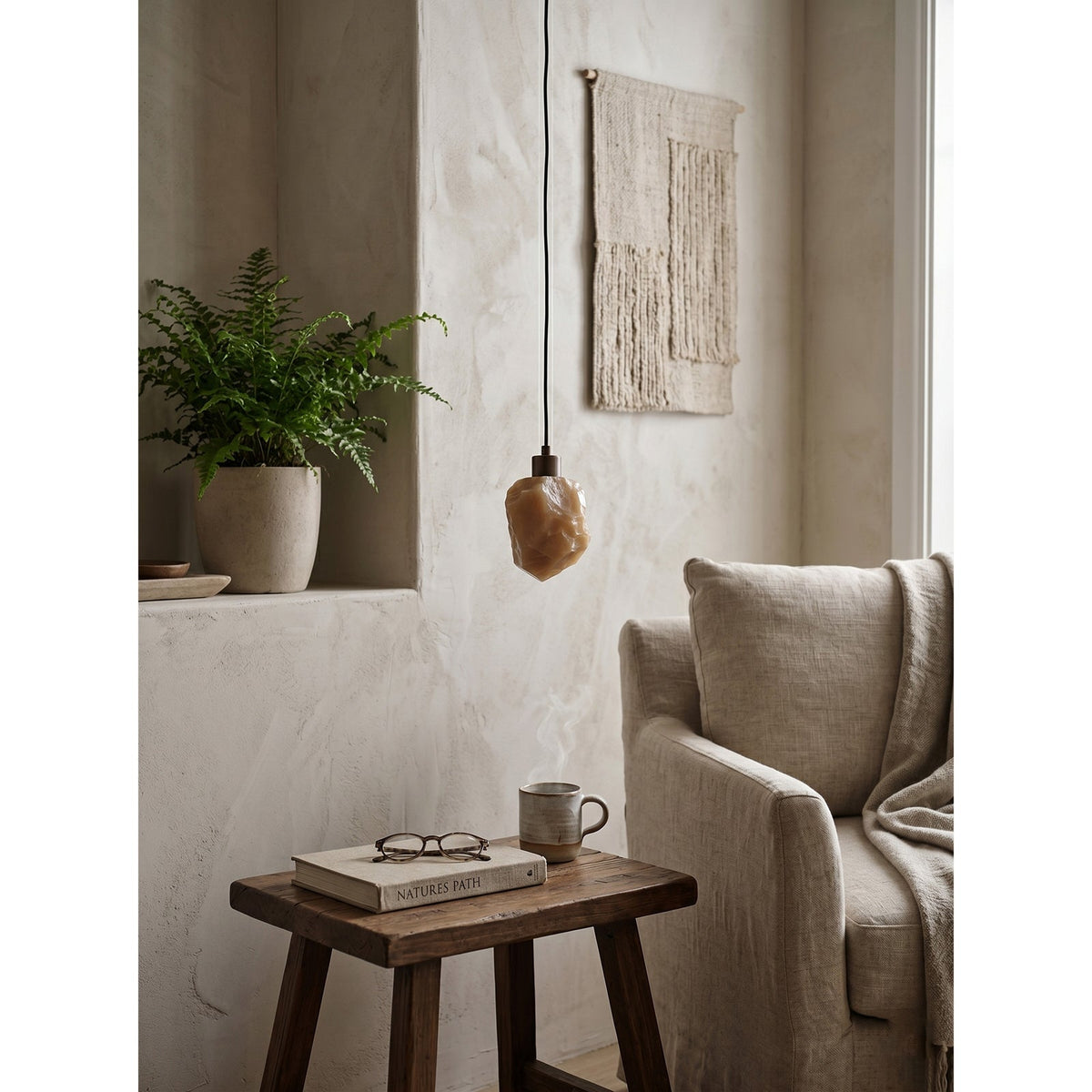 Solstice Nugget Alabaster Pendant Lamp — additional product view, a rough-textured stone shade suspended as a small pendant (view 4)