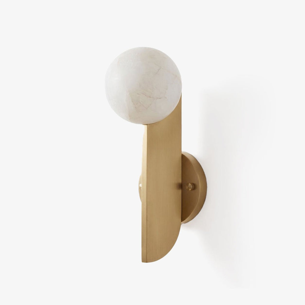 Solvara Alabaster Orb Wall Sconce — full fixture profile, a stone globe beside a slim vertical metal plate (view 1)
