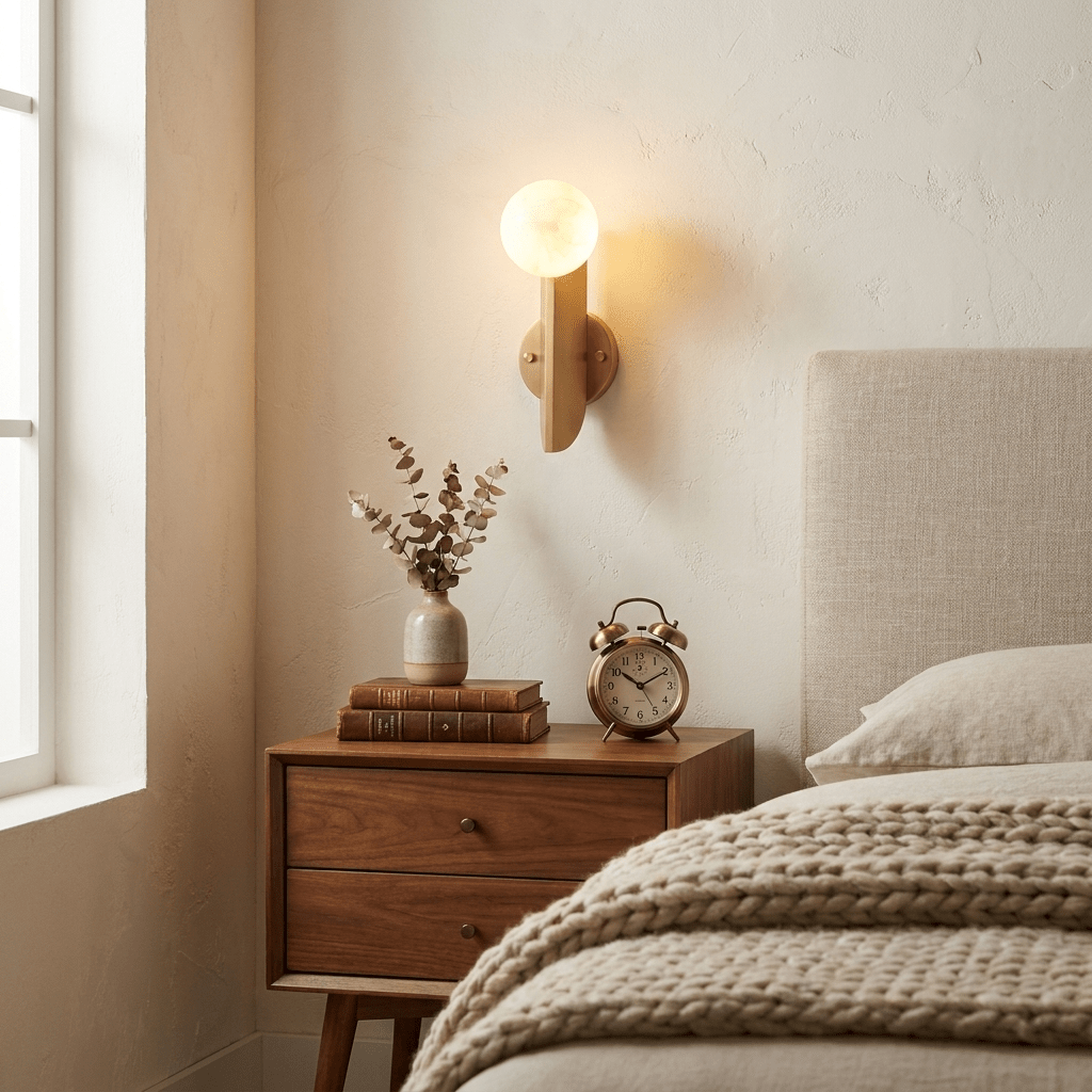 Solvara Alabaster Orb Wall Sconce — product setting and fixture profile, a stone globe beside a slim vertical metal plate (view 2)