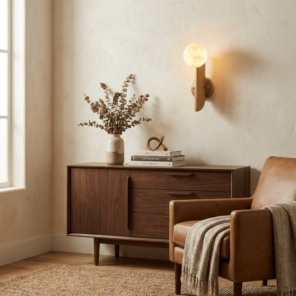 Solvara Alabaster Orb Wall Sconce — additional product view, a stone globe beside a slim vertical metal plate (view 3)