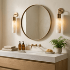 Sorelle Alabaster Tube Wall Sconce — product setting and fixture profile, a narrow stone cylinder on a curved wall arm (view 2)