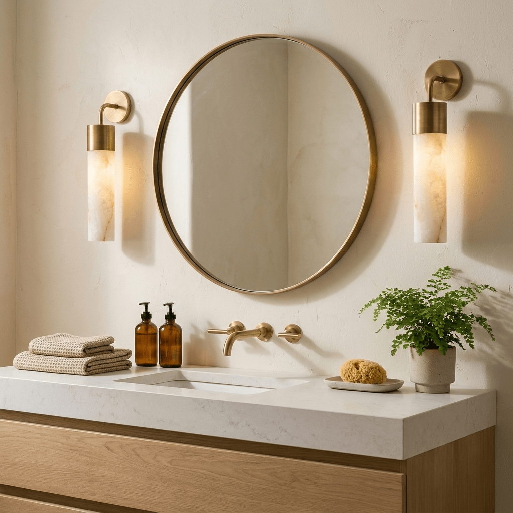 Sorelle Alabaster Tube Wall Sconce — product setting and fixture profile, a narrow stone cylinder on a curved wall arm (view 2)