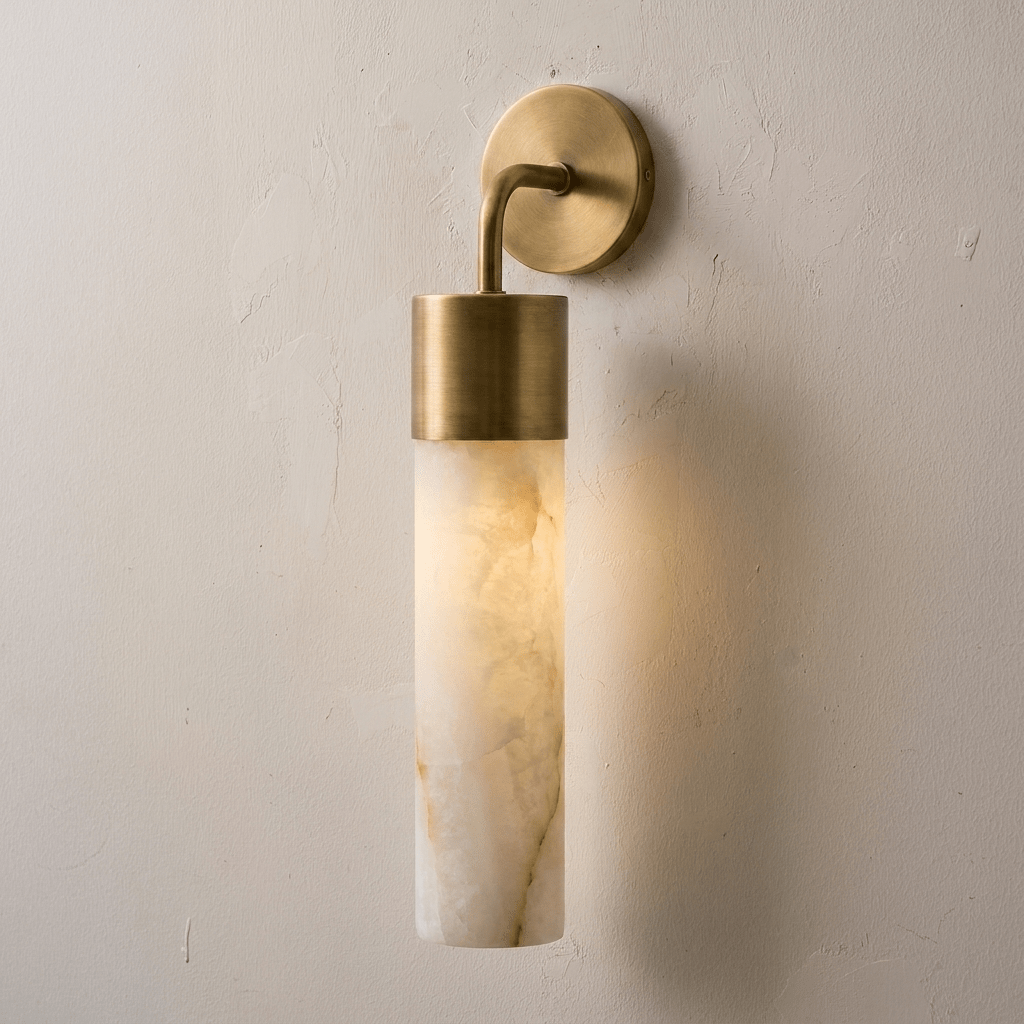 Sorelle Alabaster Tube Wall Sconce — additional product view, a narrow stone cylinder on a curved wall arm (view 5)