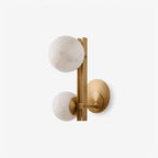Spanish Alabaster Double Globe Wall Sconce — full fixture profile, two stone spheres arranged around a slim metal frame (view 1)