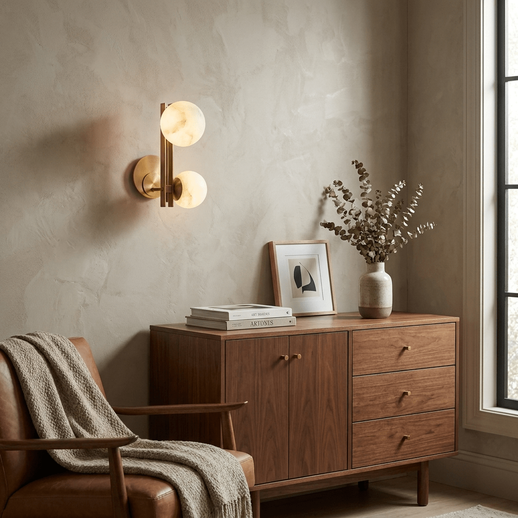 Spanish Alabaster Double Globe Wall Sconce — product setting and fixture profile, two stone spheres arranged around a slim metal frame (view 2)