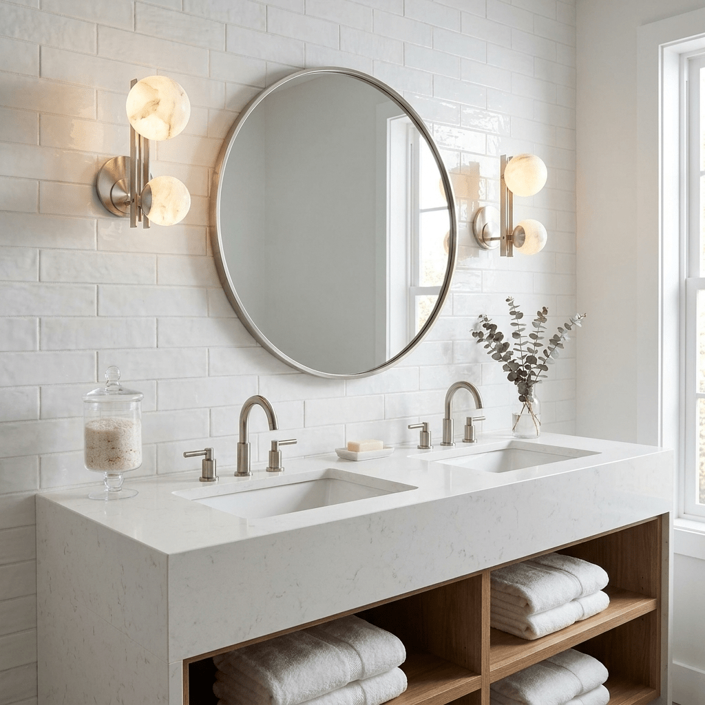 Spanish Alabaster Double Globe Wall Sconce — additional product view, two stone spheres arranged around a slim metal frame (view 3)