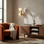 Spanish Alabaster Double Globe Wall Sconce — additional product view, two stone spheres arranged around a slim metal frame (view 4)