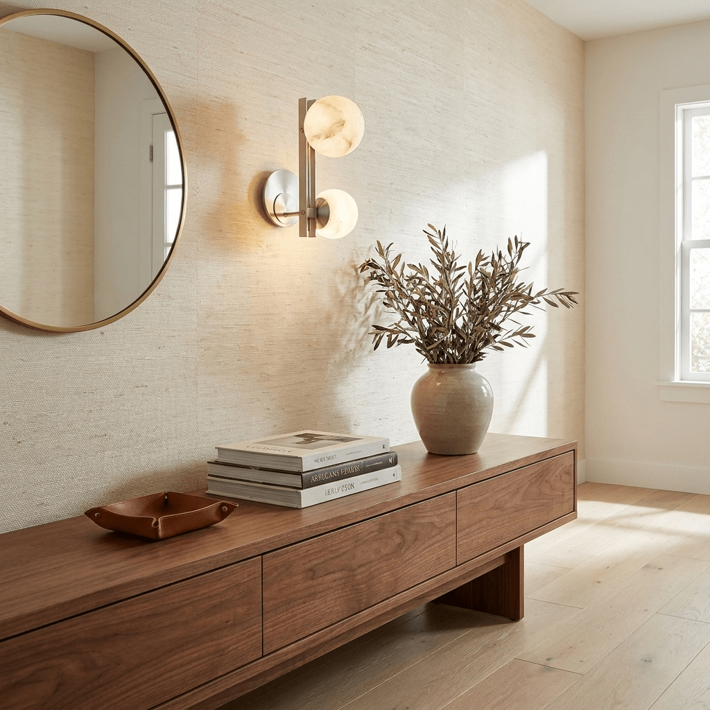 Spanish Alabaster Double Globe Wall Sconce — additional product view, two stone spheres arranged around a slim metal frame (view 5)