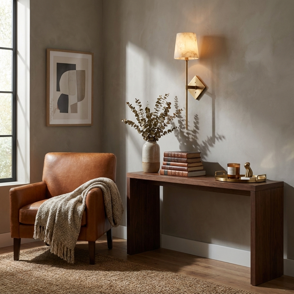 Spire Alabaster Wall Sconce — product setting and fixture profile, a stone cone above a slender rod and diamond-shaped backplate (view 2)