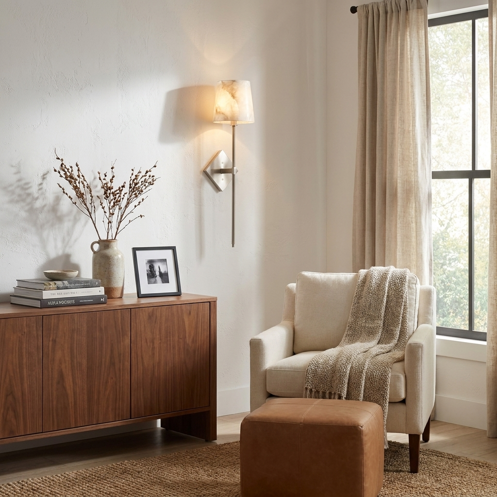 Spire Alabaster Wall Sconce — additional product view, a stone cone above a slender rod and diamond-shaped backplate (view 4)