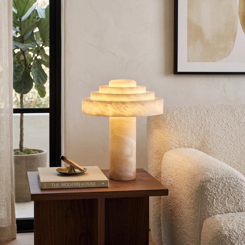 Stratelle Alabaster Table Lamp — product setting and fixture profile, a stepped stone dome in a tiered table-lamp arrangement (view 2)