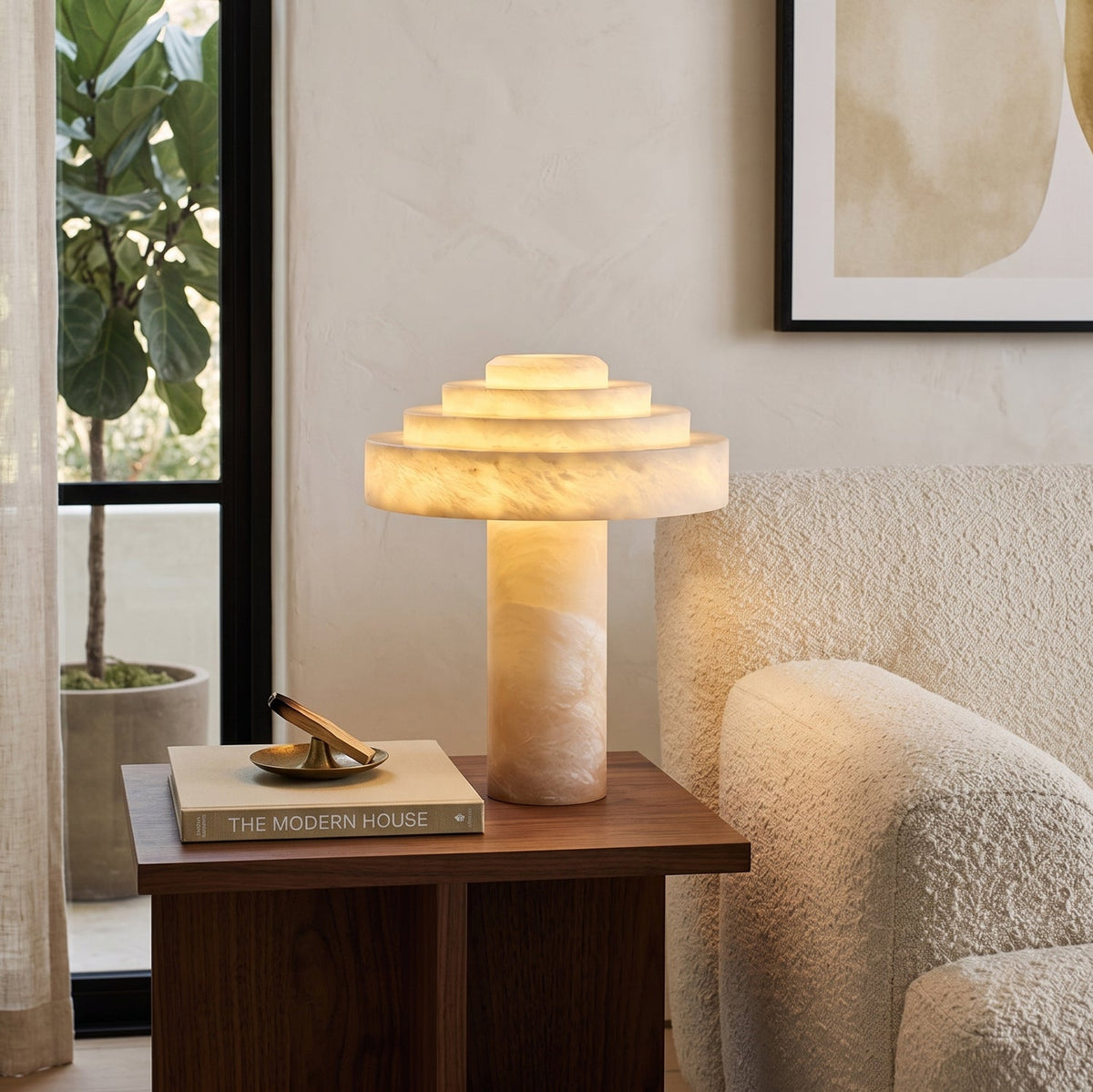 Stratelle Alabaster Table Lamp — product setting and fixture profile, a stepped stone dome in a tiered table-lamp arrangement (view 2)